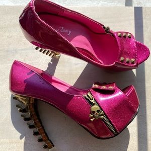 SHOW STORY ZIPPED SKULLS PLATFORM SHOES SPARKLY HOT PINK!